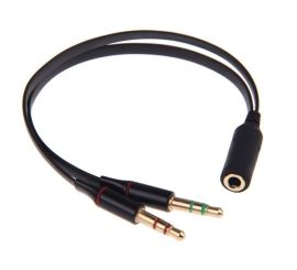 Audio Jack 3.5mm Y-Splitter M/F, Stereo+Microphone, flat cable, black, including iPhone/Samsung headset